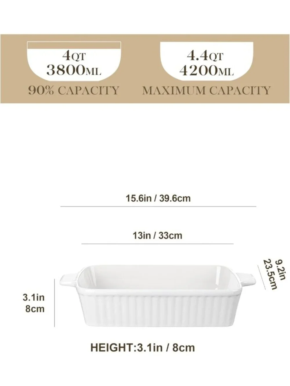 Large 9x13 Ceramic Baking Dish - 4.4 QT Casserole Pan with Handles, Oven